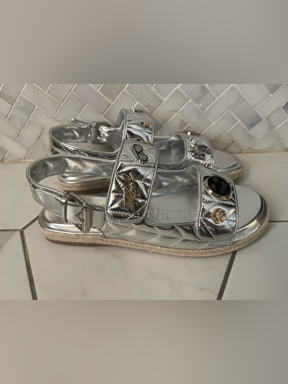 Karl Lagerfeld Metallic Silver Quilted Logo-Embellished Sandals